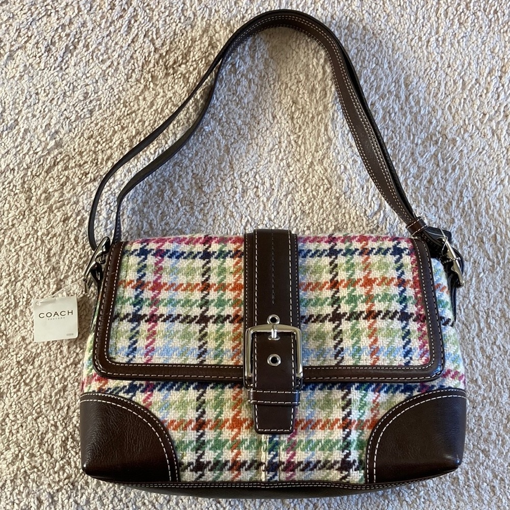 Coach Hampton F12629 tweed Wool & Leather Bag Flap Satchel Crossbody Shoulder